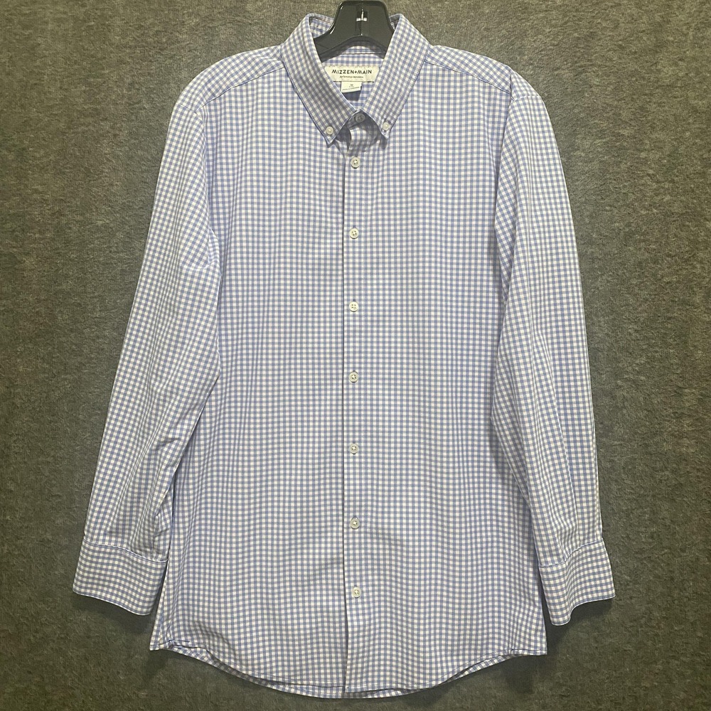 Mizzen+Main Shirt Mens M Blue‎ Gingham Button Down Trim Fit Performance Office